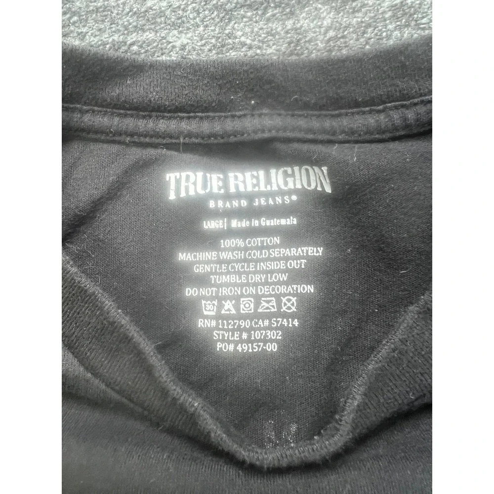 True Religion T-Shirt Mens Large Black Graphic Back Logo Cotton Crew Neck 107302